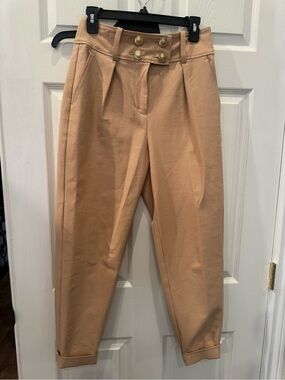 10 Crosby Derek Lam Camel High-Waist Pleated Ankle Pants with Gold Buttons